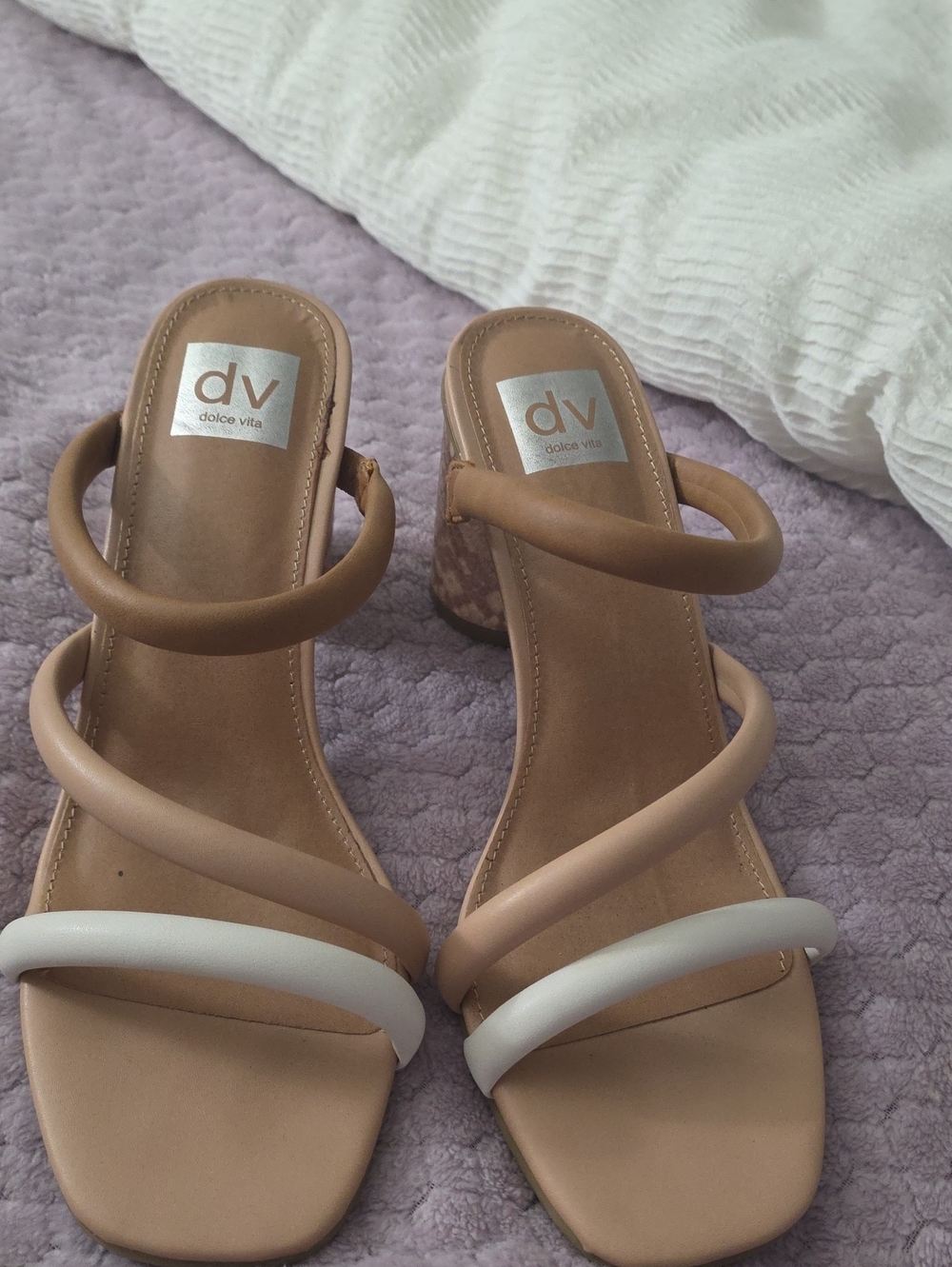 Dolce Vita Two-Tone Nude and White Strappy Block Heel Sandals